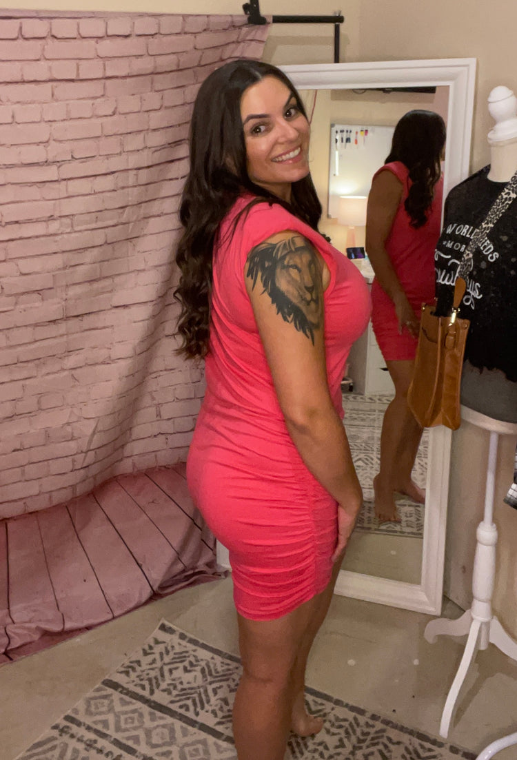 Hot Pink Padded Shoulder Mini Dress