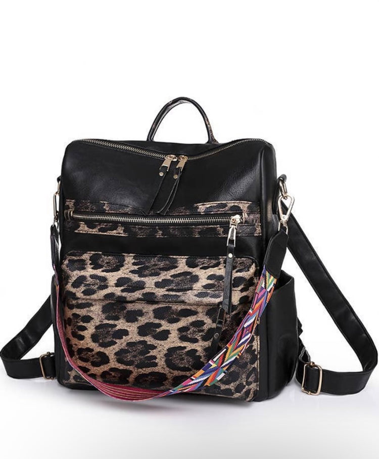 Black & Leopard Print Backpack Purse