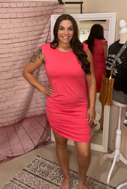 Hot Pink Padded Shoulder Mini Dress